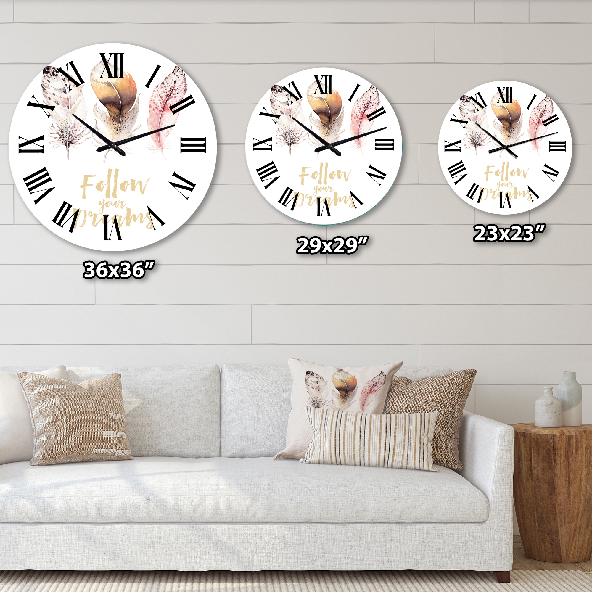 Designart 'Multicolored Boho Feathers Follow Your Dreams' Bohemian & Eclectic Wall Clock