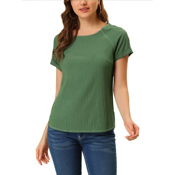 BLUSA CHAMBRAY VERDE PARA MUJER CON CUELLO REDONDO, MANGAS RAGLÁN CORTAS Y ABERTURAS LATERALES