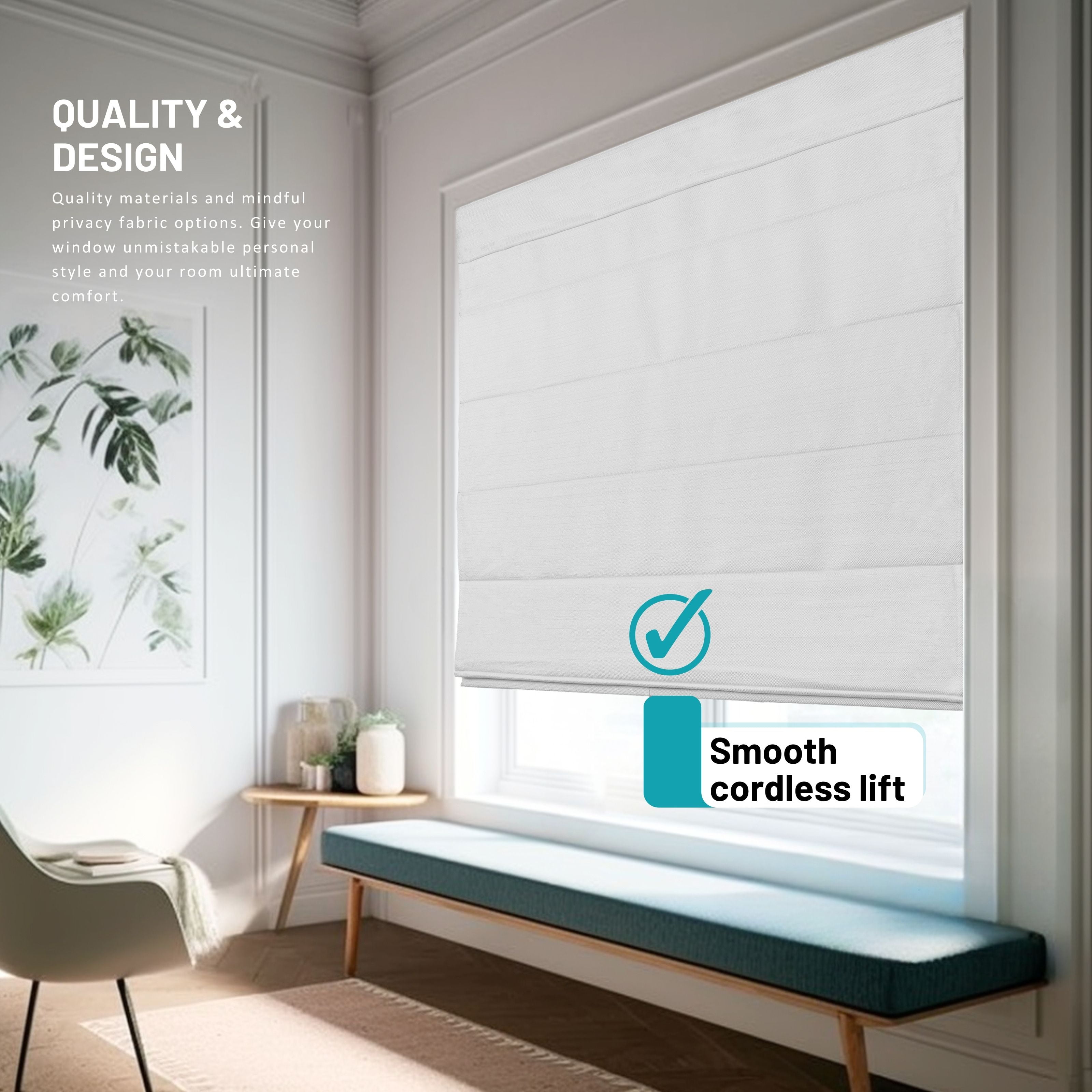 Chicology Cordless Roman Shades, White (Textured), 35"W X 64"H