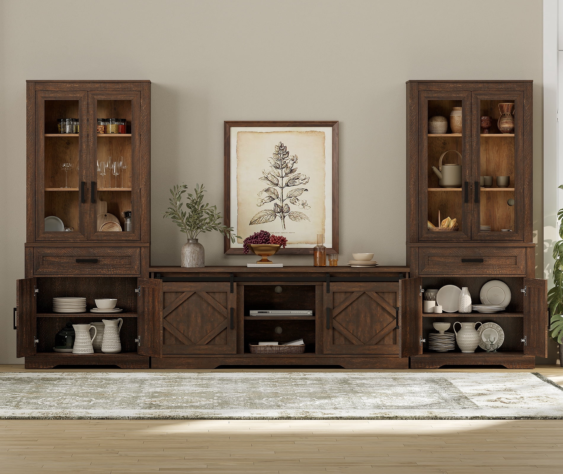 WAMPAT Farmhouse Entertainment Center with Bookshelf for TVs up to 75",Mid Century Modern TV Stand with 73"H Tall 5-Tier Bookcase with Open Storage and Barn Doors for Living Room,Bedroom,Dark Brown