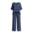 thumbnail image 4 of BRELIL Women's 2 Piece Sets Summer Wide Leg Pants V Neck Short Sleeve Tops Casual Lounge Matching Sets Solid Boho Vacation Travel Outfits Loose Tracksuit, Navy S, 4 of 7