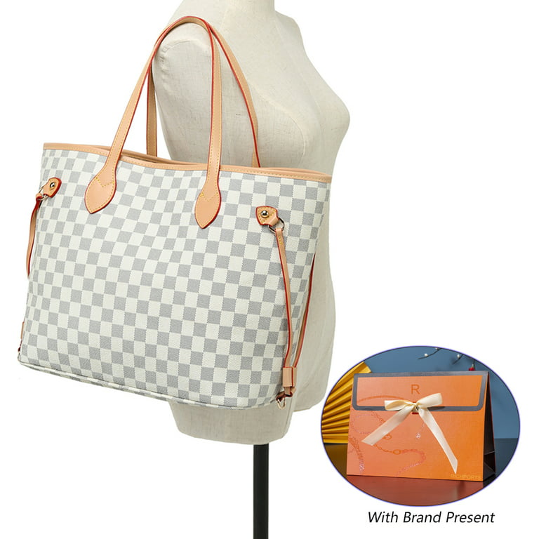 Richports Checkered Tote Shoulder Bags Leather crossbody Bags for Women 3  Size Bag White/Pink Strap 