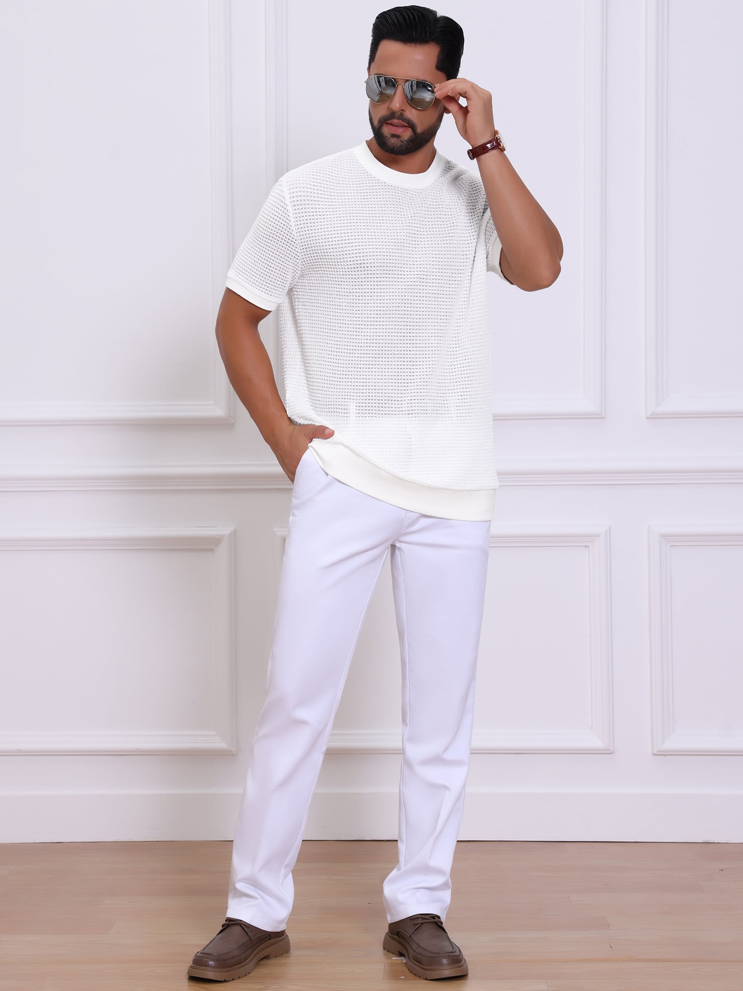 DARING DIVA Men's Waffle Short Sleeve Crew Neck Solid Knitted T-Shirt M White