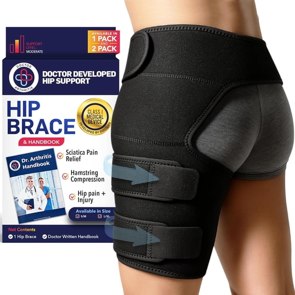 Dr. Arthritis Doctor Developed Hip Support Brace – Adjustable Groin & Thigh Compression Wrap for Men & Women – Stabilizing Hip Brace for Sports, Workouts & Daily Mobility (Black, L/XL, Left-side))