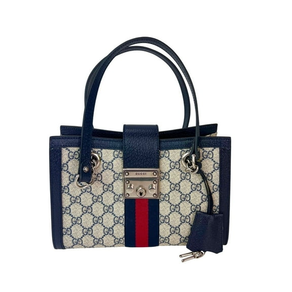 Pre-Owned Gucci GG Supreme Dollar Calfskin Web Small Padlock Navy Tote