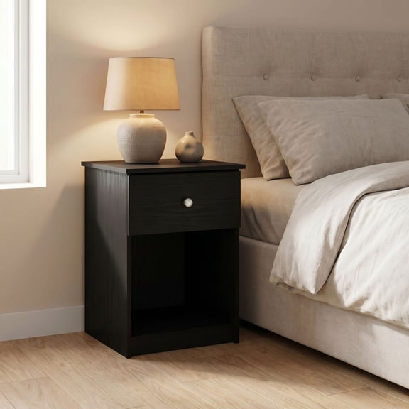 Furinno TIDUR Night Stand, Nightstand with Drawer, Bedside Table, End Table, Side Table with Storage Shelf, Knob Handle Drawer, for Bedroom, Living Room, Dark Americano