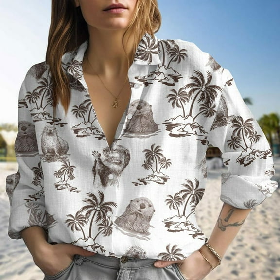 Retro Otter Animal Blouses Shirt, Otter Aloha Women Casual Shirt, Women's Clothing, Button Up Shirt, Long Sleeve Shirt, Gift For Her