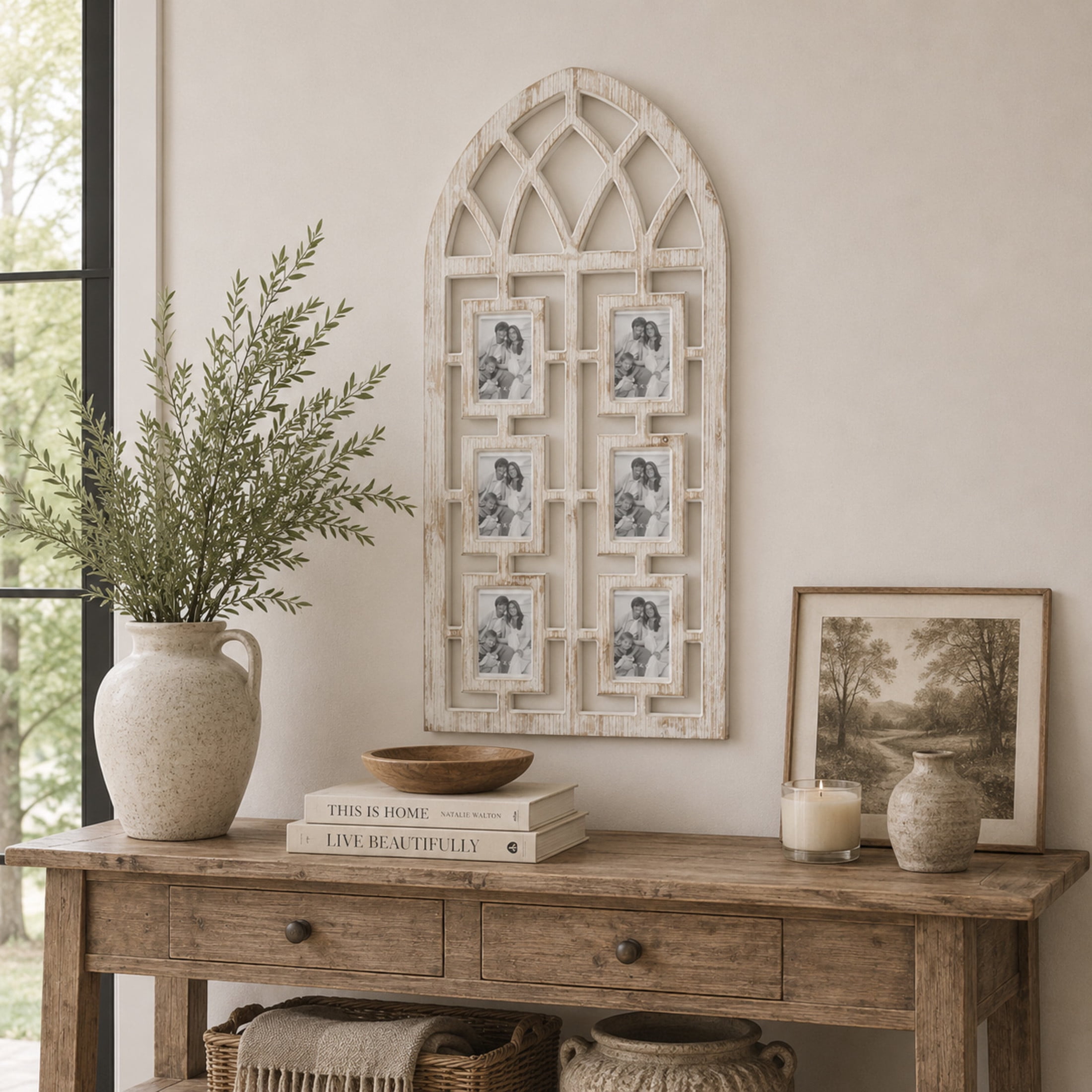DecMode Vintage Wood Window Arch Shape 6 Slot Wall Photo Frame with Light Brown/White Finish, 19"W x 41"H