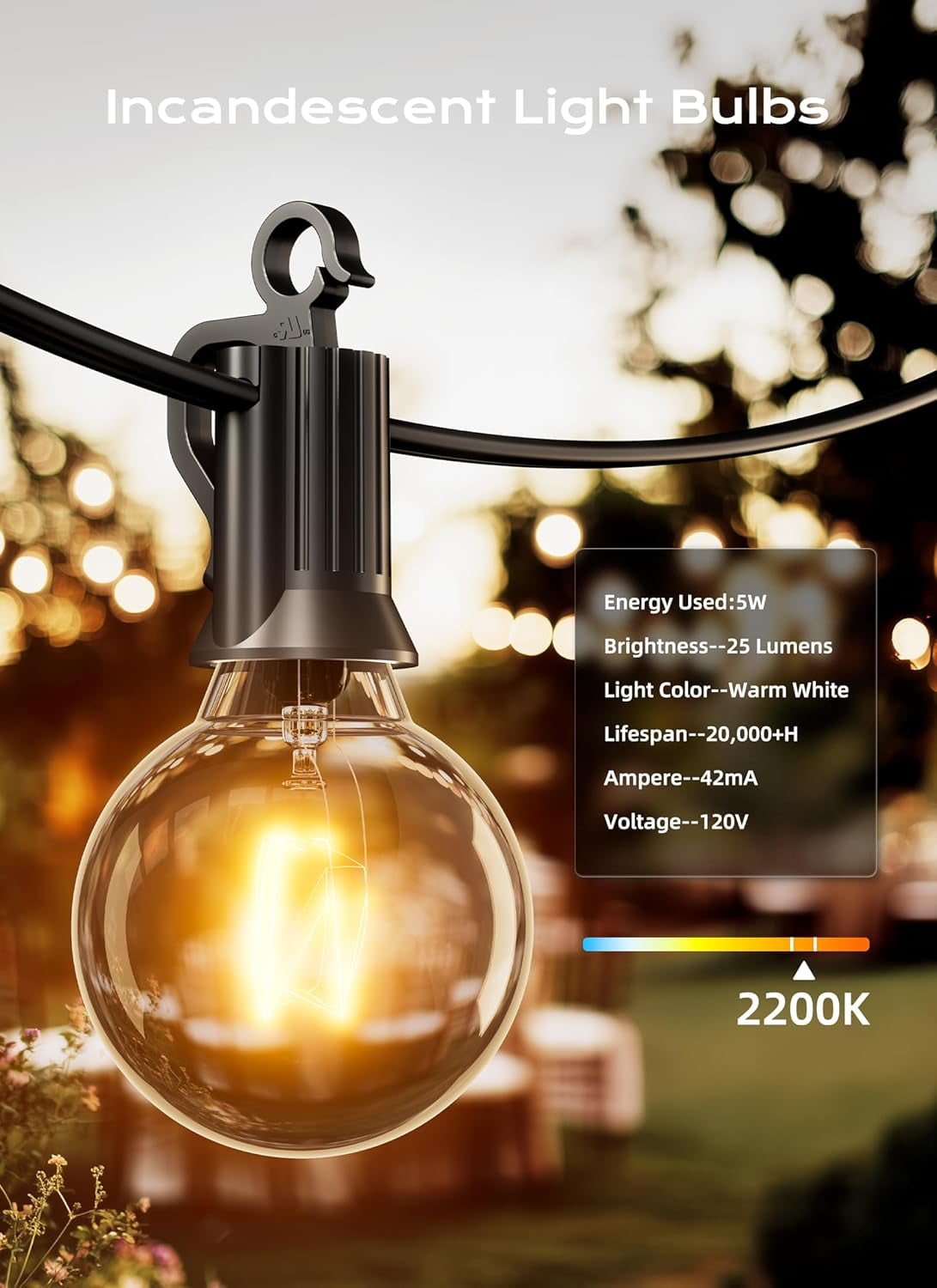 G40 Replacement Light Bulbs, Clear Globe Bulbs for Outdoor String Light, E12 Candelabra Base, Incandescent Round Patio Cafe Bistro Decor, 5W 120V, Warm White, 25 Pack