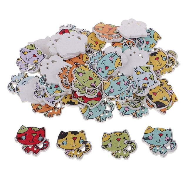 simhoa 50Pcs 2 Holes Cartoon Cat Wood Buttons for Kid's Game DIY Sewing Gift Hand