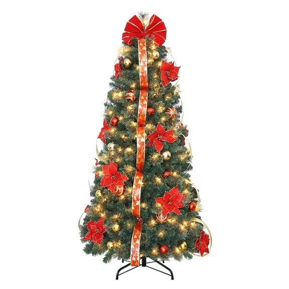 Puleo International 6' Pre-Lit Artificial Pop-Up Adorned Christmas Tree with 200 Incandescent Lights