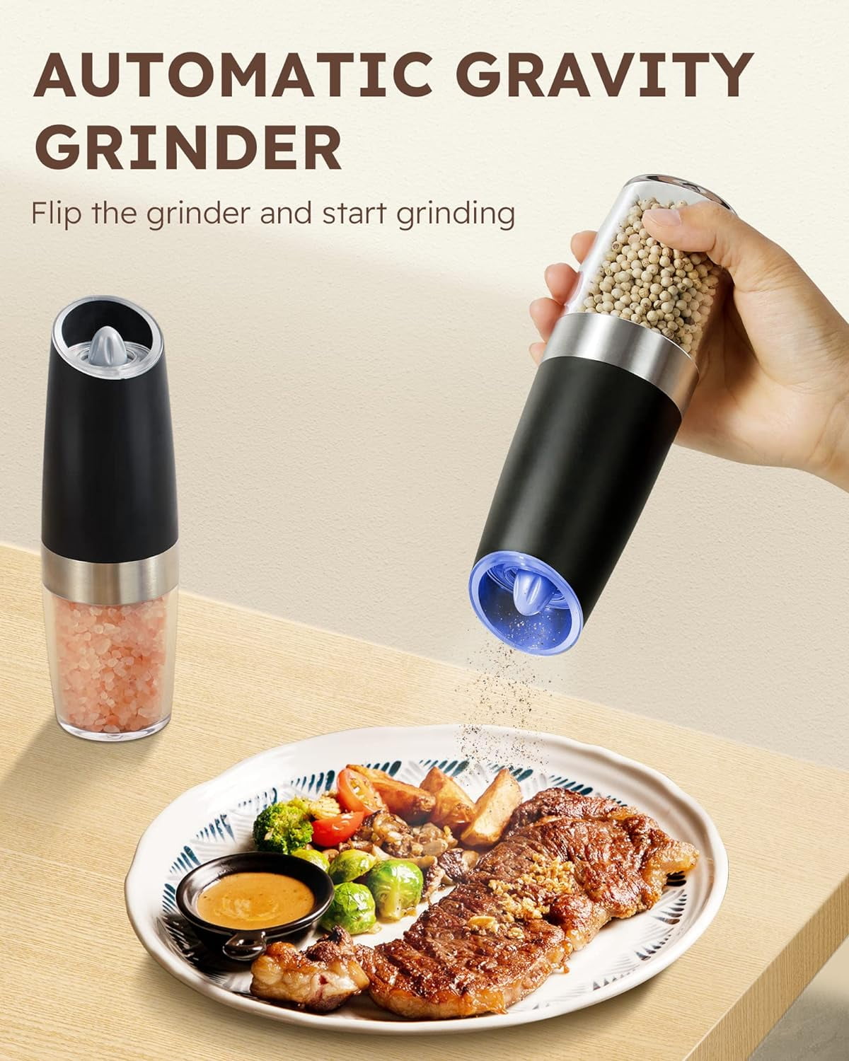 2 Pack Gravity Electric Salt and Pepper Grinder Set Automatic Battery Powered Salt Mill, Adjustable Coarseness, with Blue LED Light