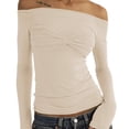 thumbnail image 4 of Long Sleeve Off Shoulder Top Women Elegant Pure Color Slim Fit Mesh Ruched T Shirt Blouse For Party, 4 of 5