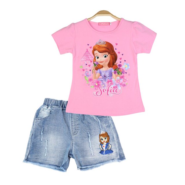 Conjuntos de niñas de Disney, camiseta de algodón con estampado de dibujos animados de verano para niños y pantalones cortos de mezclilla, conjunto de ropa para niñas, traje para niños, ropa Sofia8T Gao Jinjia LED