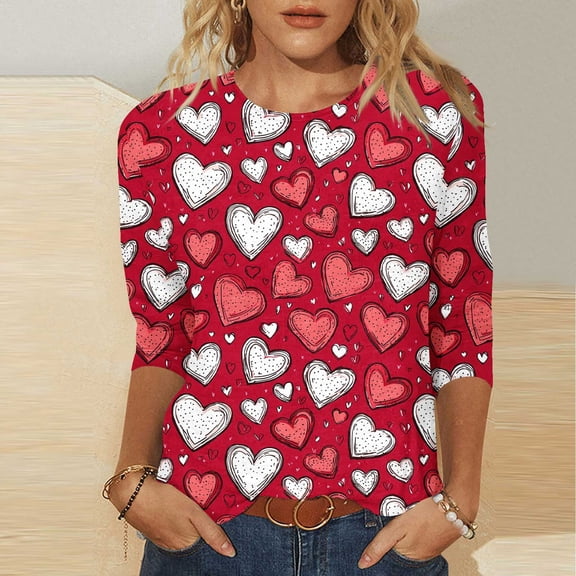 VKOYWKM Womens 3/4 Sleeve T Shirts Valentines Day Shirts T-Shirts Love Heart Graphic Tees Casual Spring Tops Crew Neck Loose Fit Valentine T-Shirts