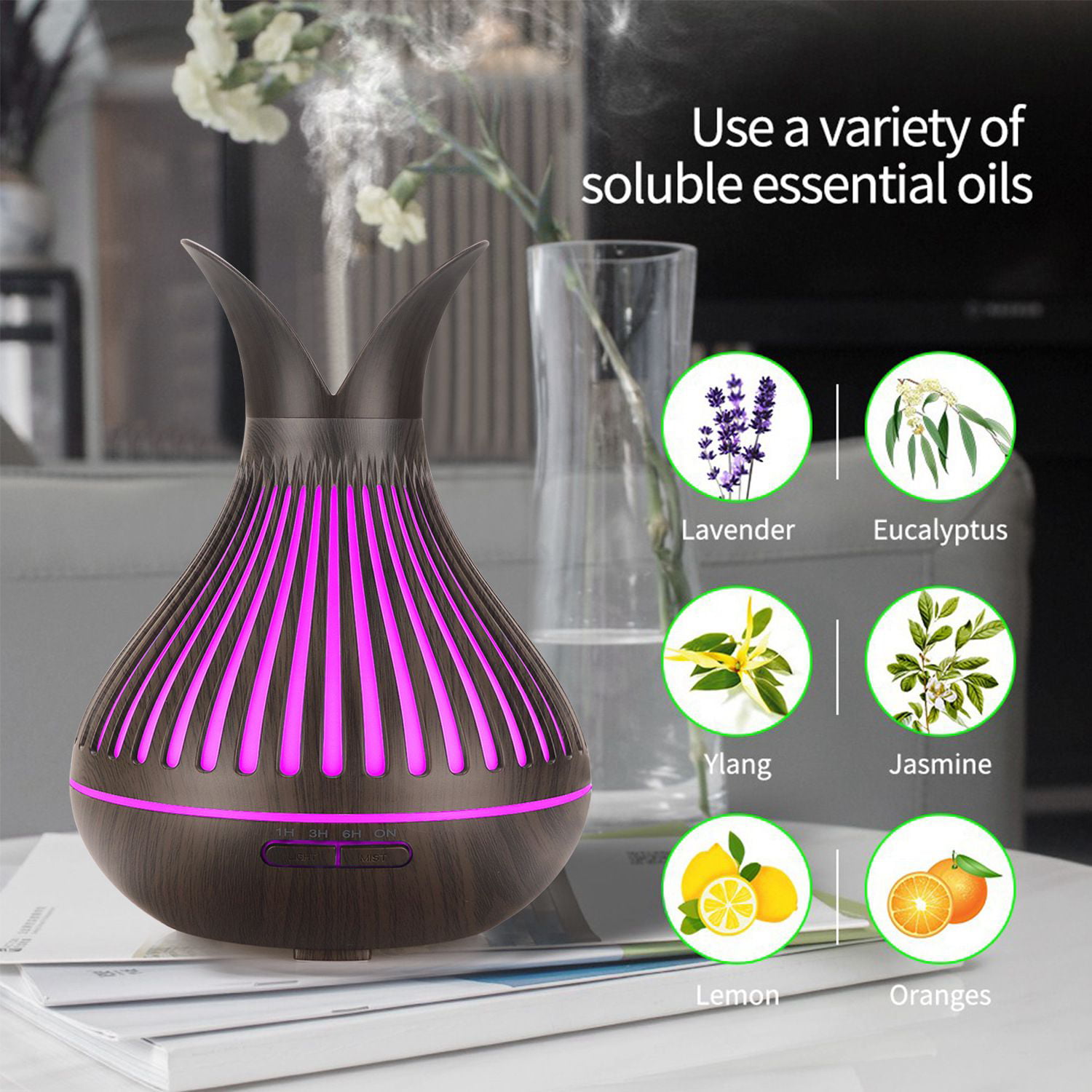 US 500ml Electric LED Humidifier Wood Purifier Mist Aroma Essential Oil Diffuser 