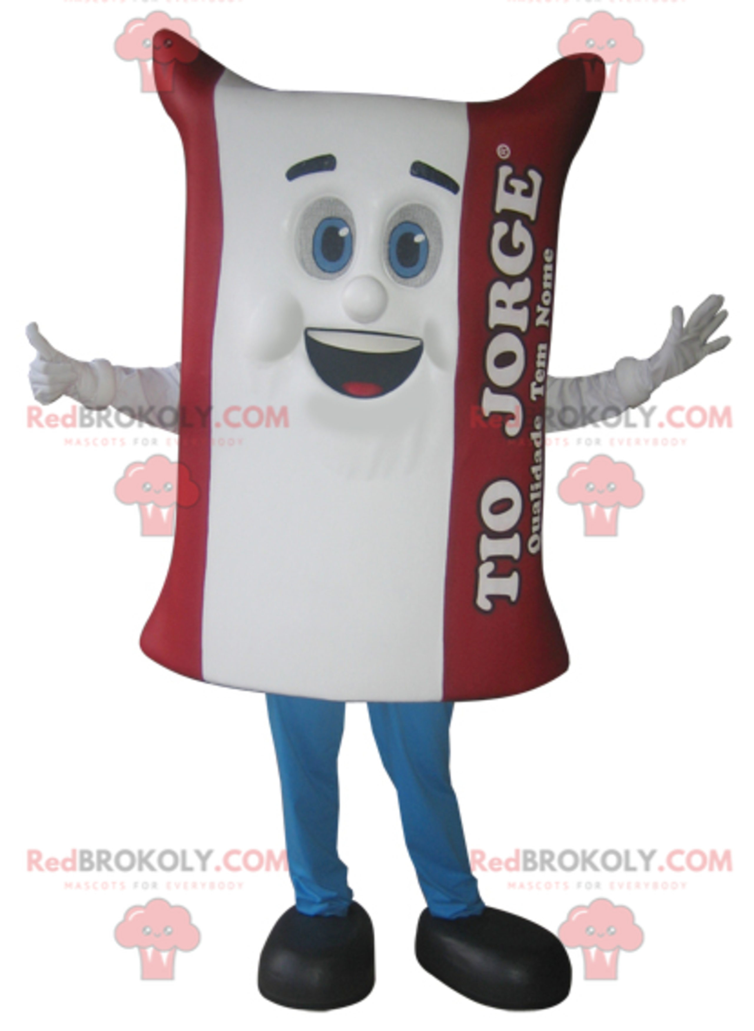 Giant white and red rice bag mascot