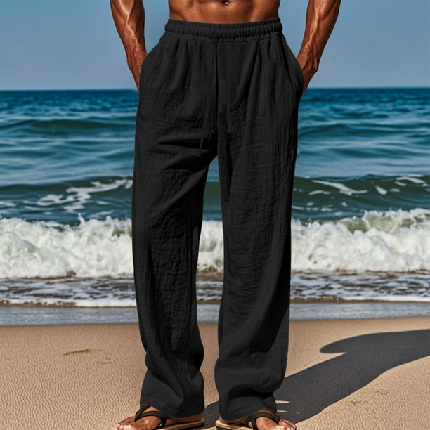 Ceisia Men's Cotton Linen Casual Pants Straight Leg Thin Baggy Loose Fit Lightweight With Elastic Waist Drawstring & Pockets Black Gift