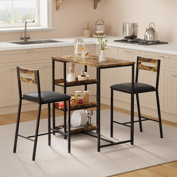 QinaQin Comedor de 3 piezas con almacenamiento, mesa compacta con estructura de hierro y acabado negro tipo madera, incluye 2 sillas tapizadas en PU, ideal para espacios pequeños
