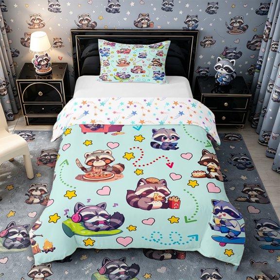 Castle Fairy Cute Cartoon Snack Raccoon Twin Duvet Cover for Boys,Heart Star Pastel Base Twin Bedding,Mint Yellow Pink,Reversible,2pcs,No Comforter,1 Duvet Cover and 1 Pillowcase