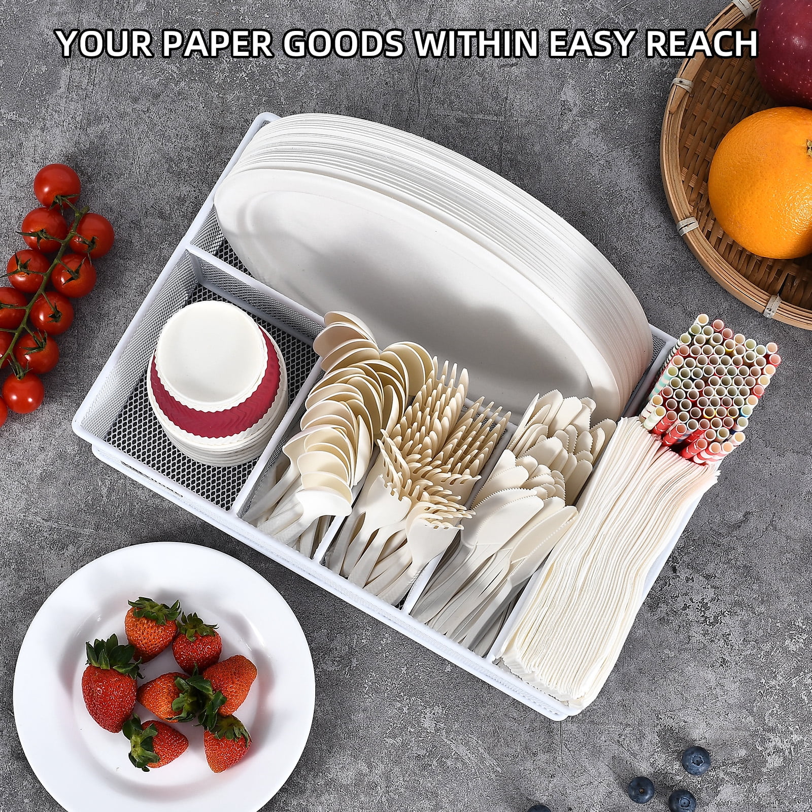 Paper Plate Organizer for Countertop, Metal Silverware Caddy with 6 Compartments for Plate, Cup, Napkin, Paper Plate and Utensil Holder Caddy for Party, Camping, Picnic