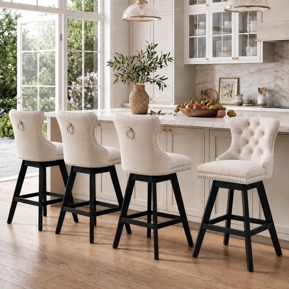 Swivel Bar Stools With Back Sets of 4, LEGAHOME Farmhouse Beige Bar Stools for 34–38" Kitchen Island, 26" Velvet Upholstered Barstools Counter Stools for Breakfast, 4 PCS