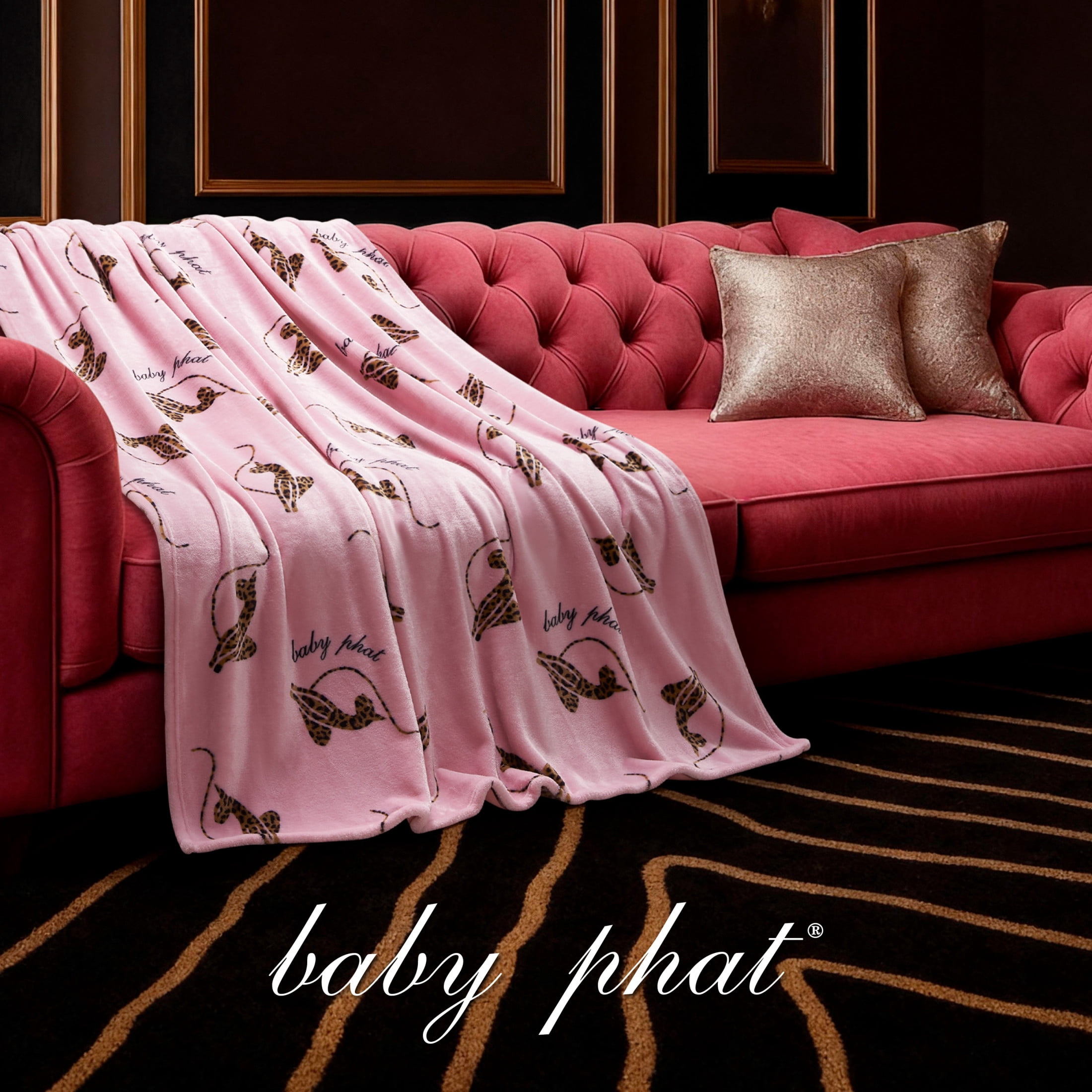 Baby Phat Oversized Plush Throw Blanket 60" x 70", Leopard Cats Tossed Logo Pink