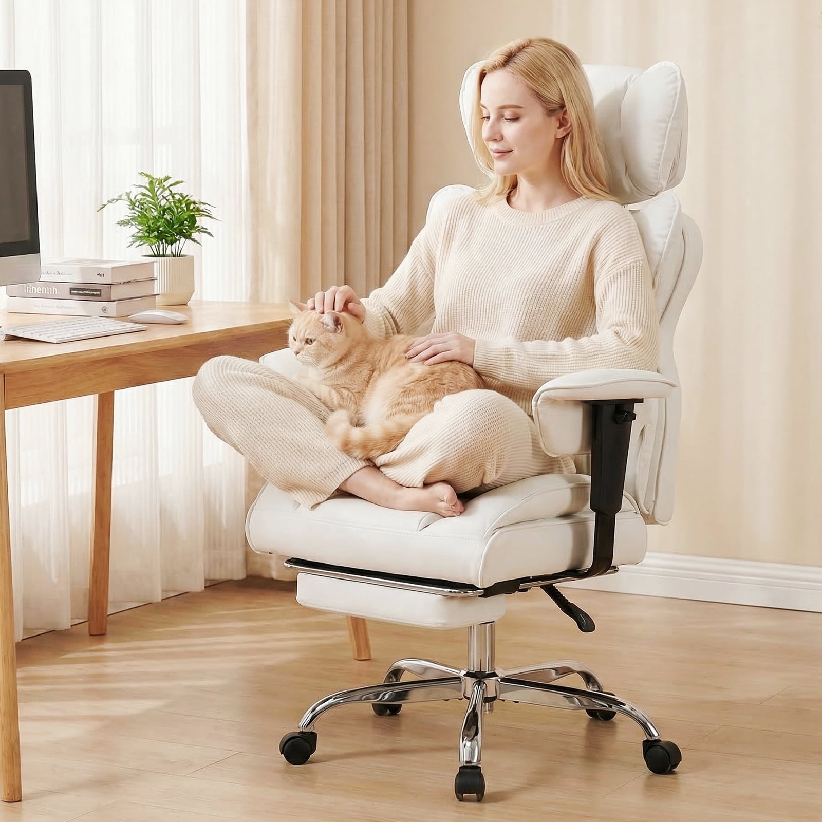 CONCETTA Ergonomic Office Chair 400LBS for Big & Tall, Heavy Duty Desk Chair with Reclining Back, Footrest, Luxurious PU Leather, Beige