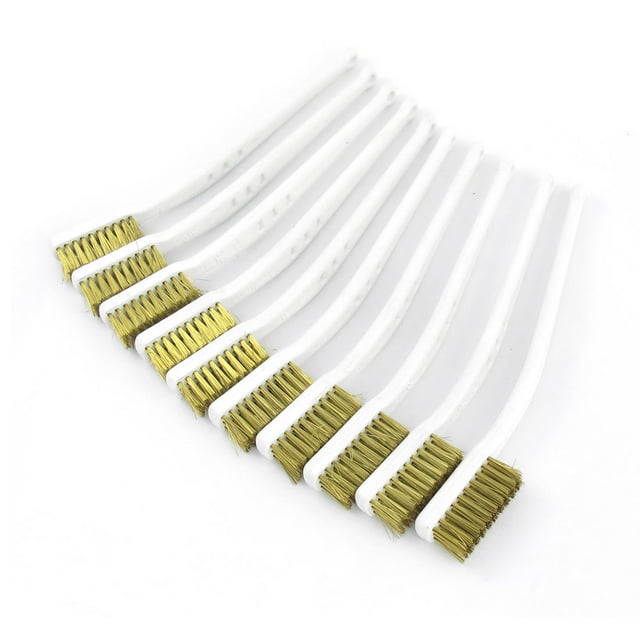 Unique Bargains 10 Pcs 6.9' Length White Plastic Handle Brass Bristle Wire Brush