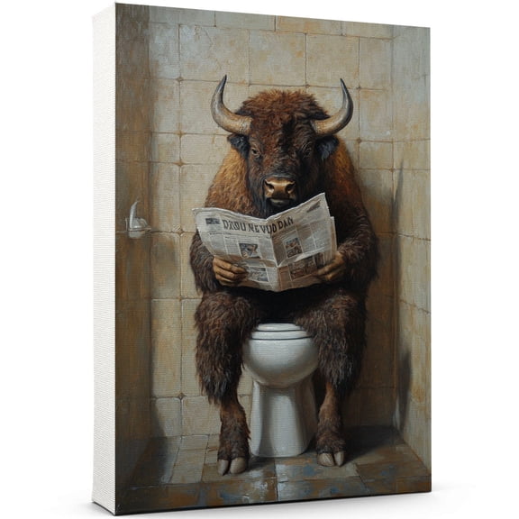 Funny Bathroom Wall Art - Bison Sitting On The Toilet Reading Newspaper Poster Print, Animal Canvas Decor Pictures Decorations 1270CA15