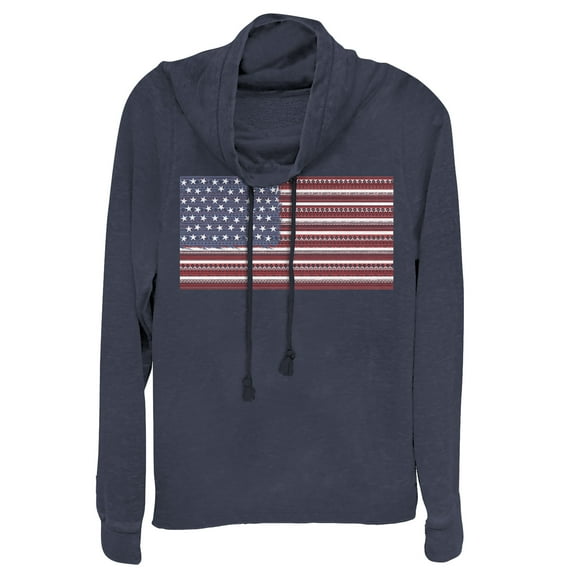 Junior's Lost Gods Fourth of July Ornate American Flag Cowl Neck Sweatshirt Navy Blue X Large
