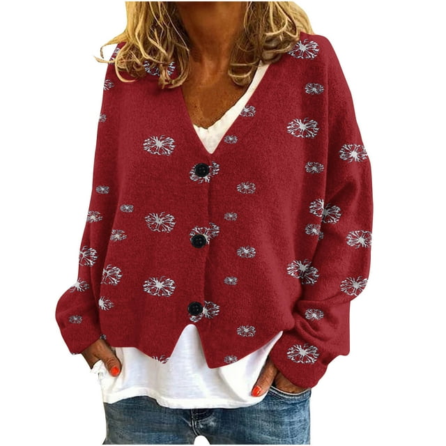 WRKEKC Botanical Print French Wool Plush Jacket Button Front Fall Winter Soft Coat with Pockets for Coffee Run and Weekend Style Red S