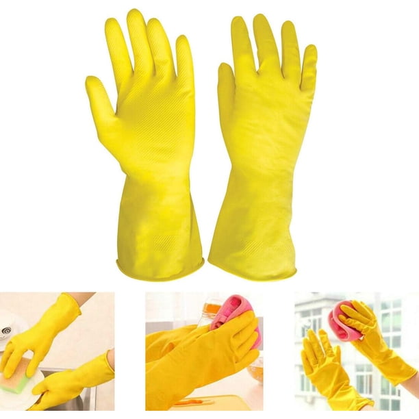 Guantes de limpieza reutilizables en amarillo brillante, duraderos y reutilizables, a prueba de líquidos con material flexible e impermeable, patrón de escamas de pescado antideslizante, interior de