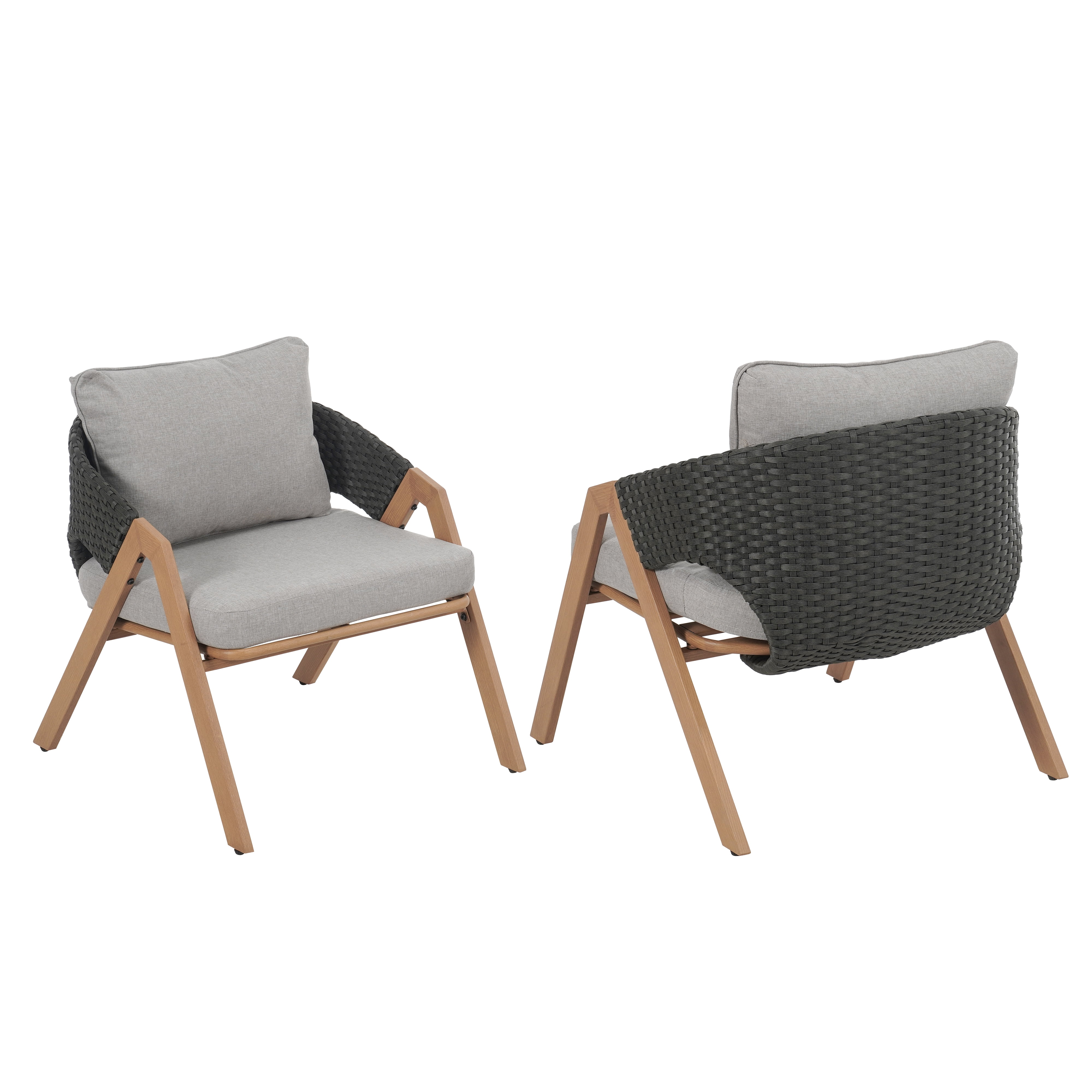 Outdoor Wicker Rattan Cushioned Patio Chairs Set of 2 for Deck Garden Porch, Light Teak
