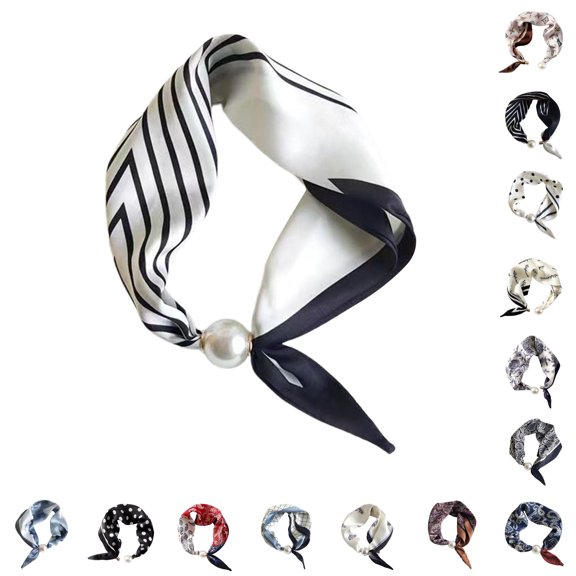 HNMKIU Elegant Pearl Necklace Closure Scarf Fashion Pendant Choker Neckwear Versatile Silk Scarves ,White2