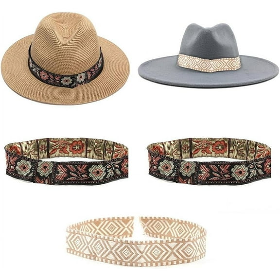 3Pcs 3 Style Flower/Rhombus/Floral Pattern Polyester Woven Belt Ornament Accessories for Costume Cowboy Hat Bend Brim Fedora Hat Decoration Mixed Color 580~620x34~38x0.5mm 1pc/style
