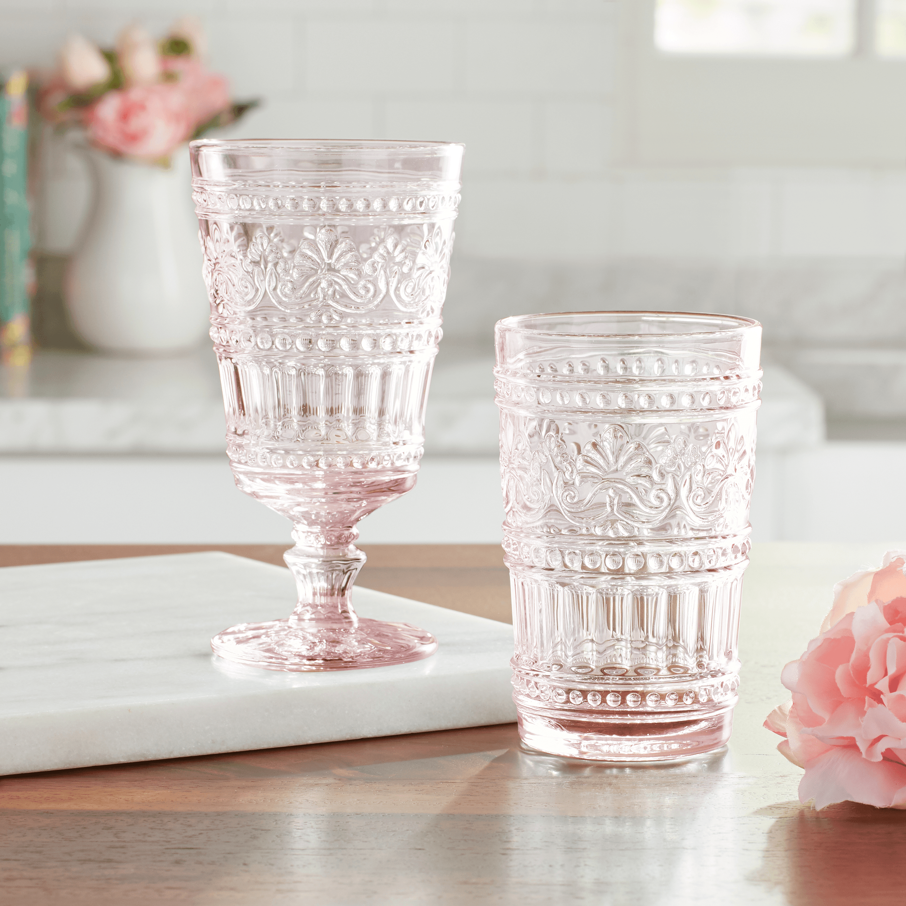 The Pioneer Woman Cassie 4-Piece Footed Glass Goblet Set, Pink