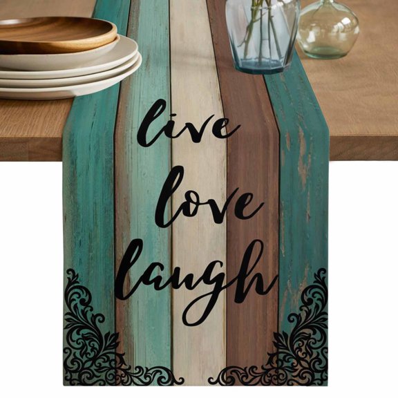 Vintage Boho Table Runner 70 Inches, Farmhouse Retro Teal Brown Wooden Grain Bed Runner Dresser Scarves Tabletop for Indoor Outdoor Parties/Ceremony/Banquet, 13" x 70"
