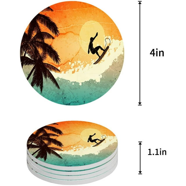 RYLABLUE Hawaiian Iland Surfer Tropical Colorful Clouds Sunset Set of 4 Round Coaster for Drinks, Absorbent Ceramic Stone Coasters Cup Mat with Cork Base for Home Kitchen Room Coffee Table Bar Decor