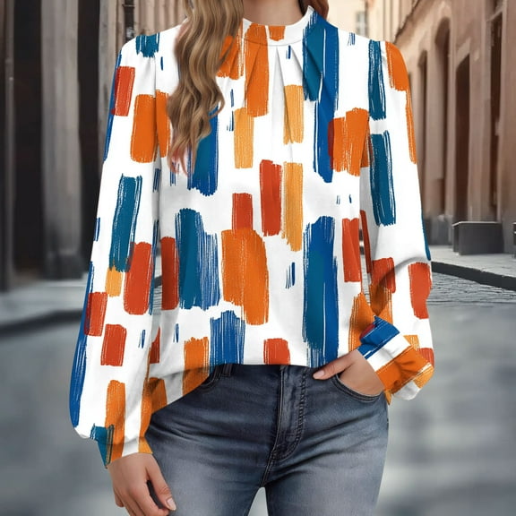 ICHUANYI Long Sleeve Shirts for Women Fall Fashion Basic Trendy Crew Neck Printed Casual Tops Loose Casual Elastic Blouse Top