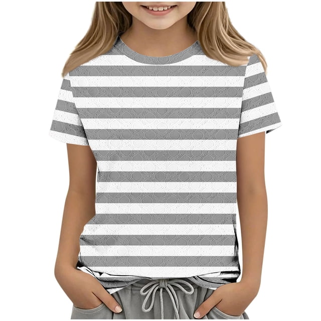 Zpanxa T Shirts for Girls Solid Color Round Neck Loose Fit Print Pattern Top Polyester Spandex 3-4 Years