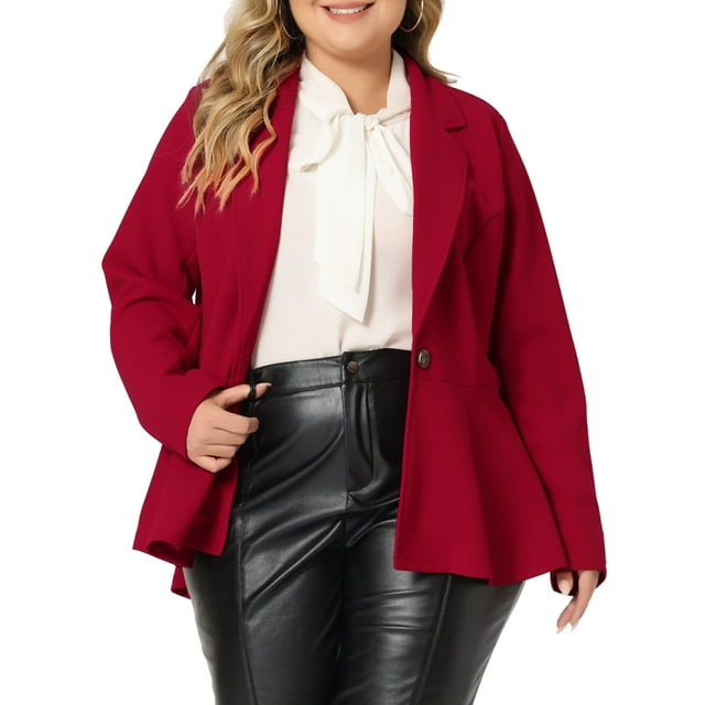 Agnes Orinda Women's Plus Size Blazer Button Notch Panel Ruffle Peplum Blazers 4X Red
