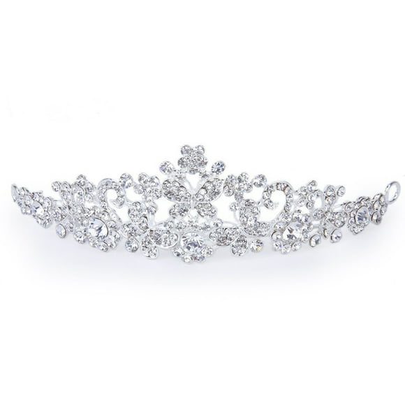 EeaseMX Delicada corona de flores de amor con cristales brillantes y tiara de velo para boda, novia, graduación (plata)