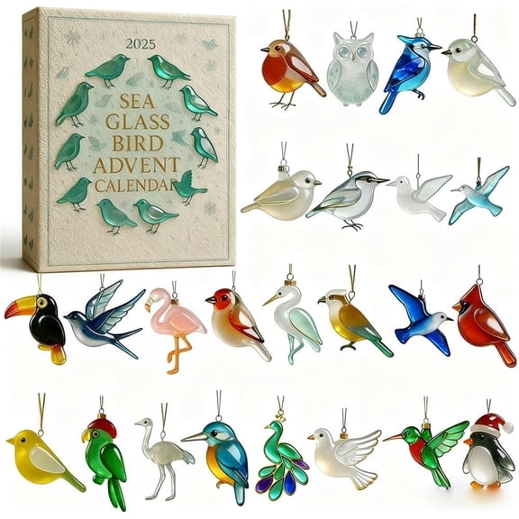Sea Glass Bird Advent Calendar 2025, 24-Day Coastal Christmas Countdown with Handcrafted Sea Glass Ornaments, Unique Holiday Décor & Gift for Beach and Nature Lovers