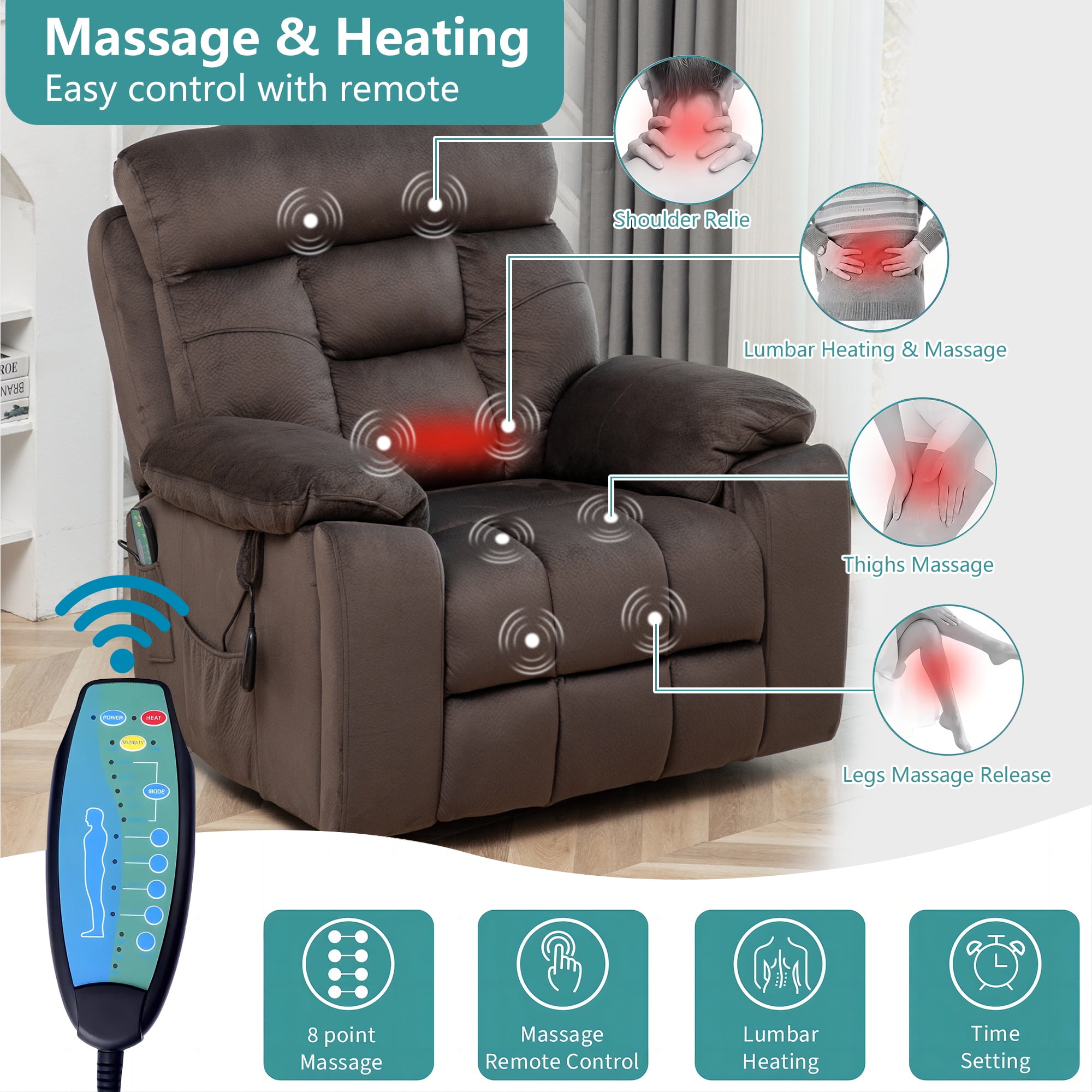 26 Inch Wide Seat Recliner Chair for Adults and Elderly, UHOMEPRO Oversized Power Lift Recliner Chair with Heat and Massage, Overstuffed Headrest, 350 lb Capacity, Dark Brown