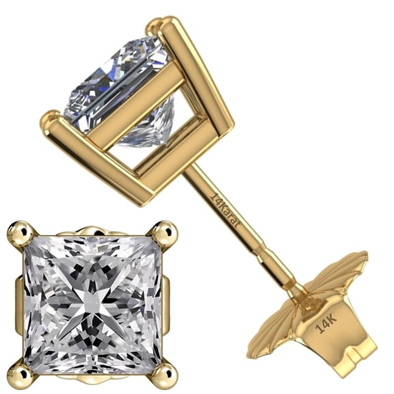Princess Diamond Stud Earrings CVD Lab Grown, E-F Color VS-SI, 0.50ctw (0.50ctw to 0.54ctw) 14K Yellow Gold Friction