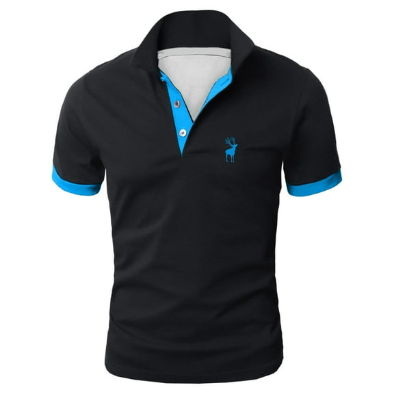 Mens Polo Shirts Regular Golf Deer Printed Loose Business Tops Short Sleeved Button Up Collared Casual Shirts for Men Black XXXL