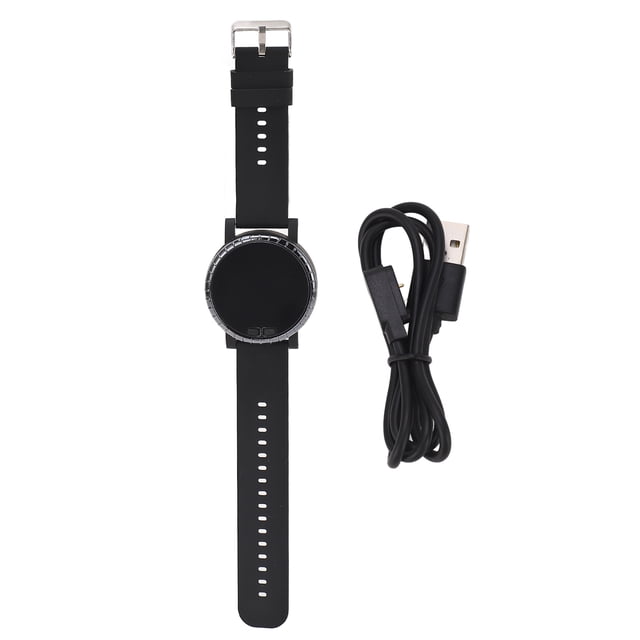 metrónomo reloj de pulsera conexión bt vibratoria portátil multi funcional para guitarra piano pulsera negra con correa de silicona, caja metálica circular y hebilla de metal; esfera negra lisa, cable USB de carga incluido y batería de litio integrada. A menudo usado por músicos para practicar ritmo y como temporizador vibratorio portátil.