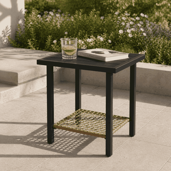 Deersky Outdoor Side Table, All-Weather Metal Patio Coffee Table with Wicker Storage Shelf, Stylish End Table for Balcony, Porch, Backyard, Black