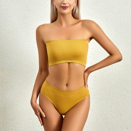TUWABEII Women s No-steel Ring Gathering No-marking Breathable Tube Top Underwear Briefs Suit Wireless Lift T-Shirt Bra